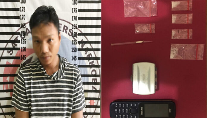 Terduga bandar narkoba berinisial SR (25), yang dibekuk polisi dari rumahnya di Kampung Kekatung